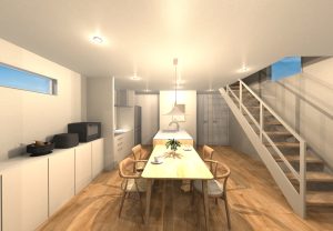 リビングからキッチンを見たイメージパース