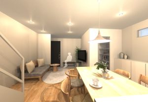 キッチンからリビングを見たイメージパース